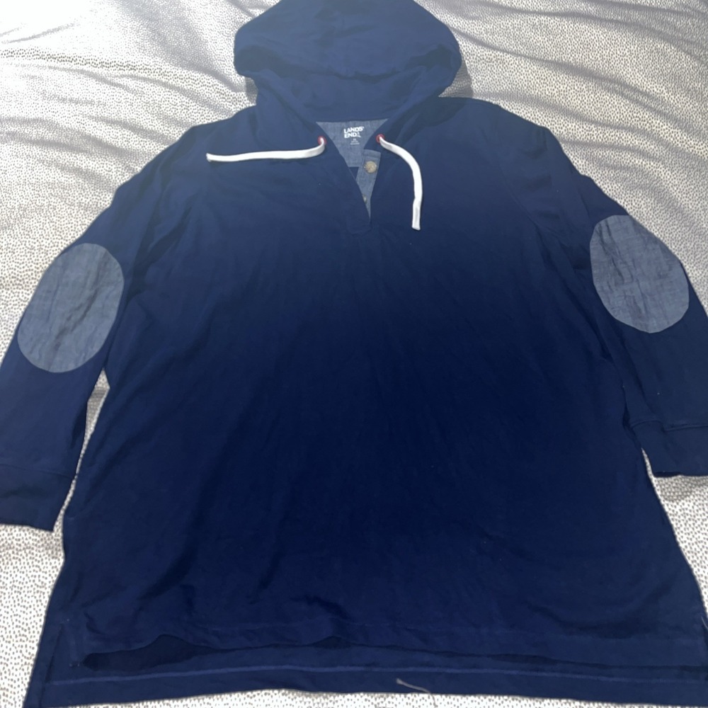 Lands End Womens Hoodie Pullover Pockets Navy Elbow Patch Size 2XL 20W-22W